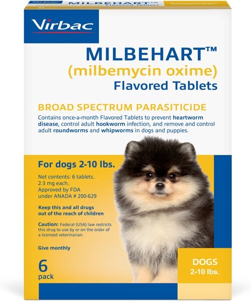Milbehart Flavored Tablets for Dogs, 2-10 lbs, (Brown Box), 6 Flavored Tablets (6-mos. supply) slide 1 of 2