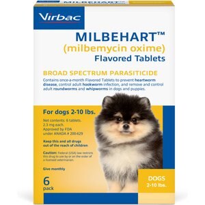 Milbehart Flavored Tablets for Dogs, 2-10 lbs, (Brown Box), 6 Flavored Tablets (6-mos. supply)