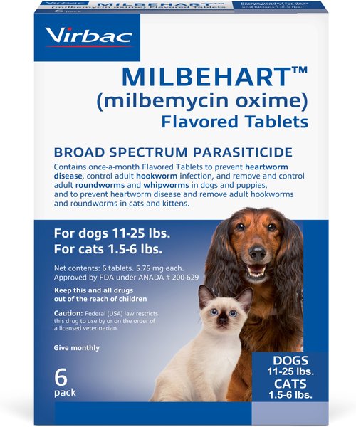 Milbehart Flavored Tablets for Dogs, 11-25 lbs, & Cats, 1.5-6 lbs, 6 Flavored Tablets (6-mos. supply) slide 1 of 3