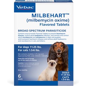 Milbehart Flavored Tablets for Dogs, 11-25 lbs, & Cats, 1.5-6 lbs, (Green Box), 6 Flavored Tablets (6-mos. supply)