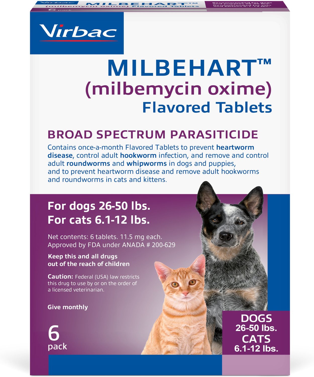 Milbehart Flavored Tablets for Dogs, 26-50 lbs, & Cats, 6.1-12 lbs, (Purple Box)