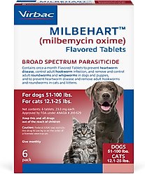 Milbehart Flavored Tablets for Dogs, 51-100 lbs, & Cats, 12-25 lbs, 6 Flavored Tablets (6-mos. supply)