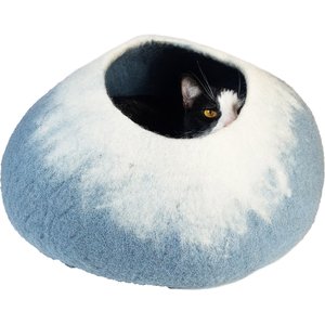 Walking Palm Felted Wool Cat Cave Bed, Sky Blue & White