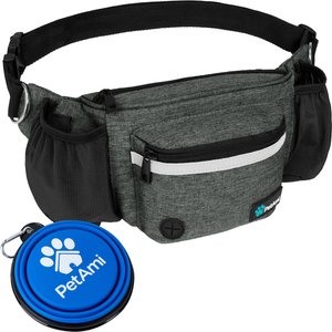 PetAmi Dog & Cat Fanny Pack with Travel Bowl, Charcoal