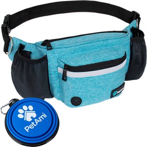 PetAmi Dog & Cat Fanny Pack with Travel Bowl, Sea Blue