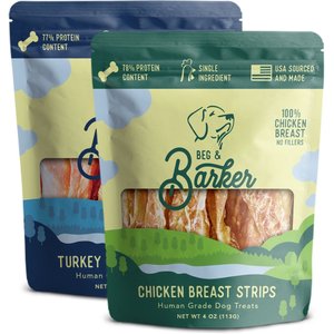 Beg & Barker The Fowl Combo Chicken Breast Jerky Strip & Whole Turkey Chips Dog Jerky Treats, 4-oz bag, case of 2