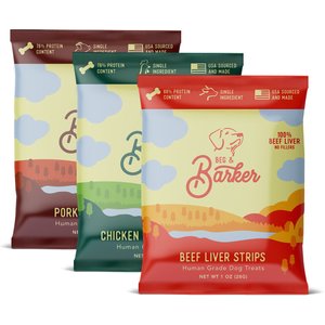 Beg & Barker Variety Chicken, Pork & Beef Liver Dog Jerky Treats, 1-oz bag, case of 12