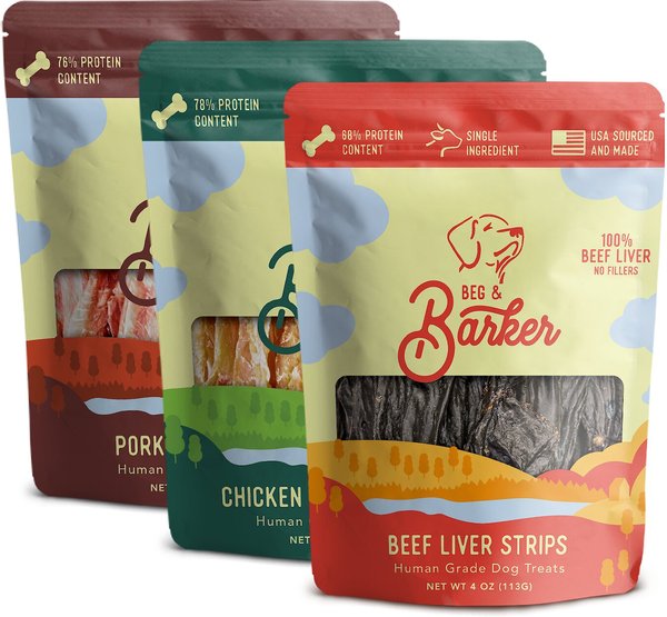 Beg & Barker Variety Chicken, Pork & Beef Liver Dog Jerky Treats, 4-oz bag, case of 3 slide 1 of 8