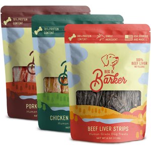Beg & Barker Variety Chicken, Pork & Beef Liver Dog Jerky Treats, 4-oz bag, case of 3