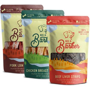 Beg & Barker Variety Chicken, Pork & Beef Liver Dog Jerky Treats, 10-oz bag, case of 3