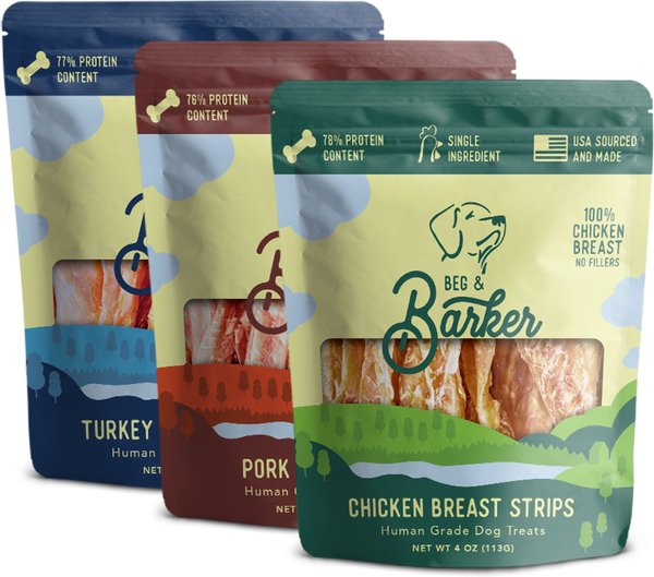 Beg & Barker The Barnyard Bunch Variety Pack Chicken, Pork & Turkey Dog Jerky Treats, 4-oz bag, case of 3 slide 1 of 8