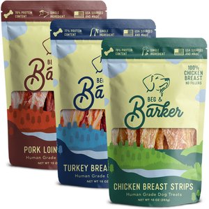 Beg & Barker The Barnyard Bunch Variety Pack Chicken, Pork & Turkey Dog Jerky Treats, 10-oz bag, case of 3