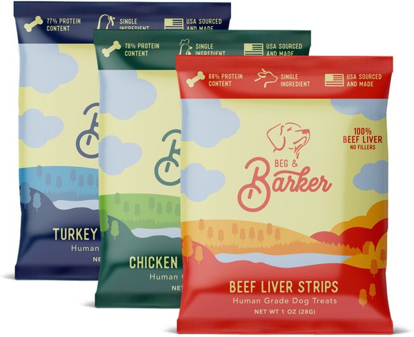 Beg & Barker The Beef & His Bird Variety Pack Chicken, Turkey & Beef Liver Dog Jerky Treats, 1-oz bag, case of 12 slide 1 of 7