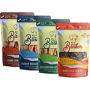 Beg & Barker Farmyard & Pasture Variety Variety Chicken, Pork, Turkey & Beef Liver Dog Jerky Treats, 10-oz bag, case of 4