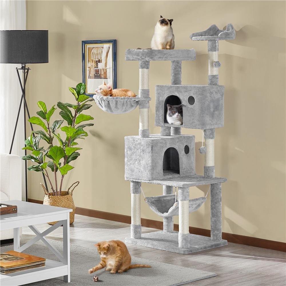 Yaheetech 64.5in Extra Large Multi-Level Cat Tree Kittens Play House Condo with Platform Light Gray Perch Hammock & Scratching Posts 