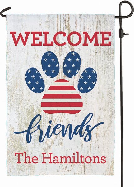 Custom Personalization Solutions Welcome Friends Patriotic Paw Print Personalized Garden Flag slide 1 of 4