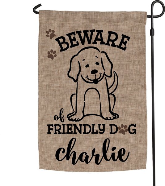 Custom Personalization Solutions Beware Of Friendly Dog Personalized Burlap Garden Flag slide 1 of 4