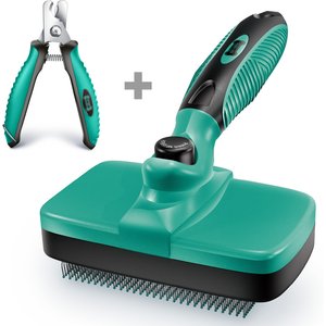 Ruff 'N Ruffus Self-Cleaning Pet Slicker Brush & Nail Clippers, Aqua