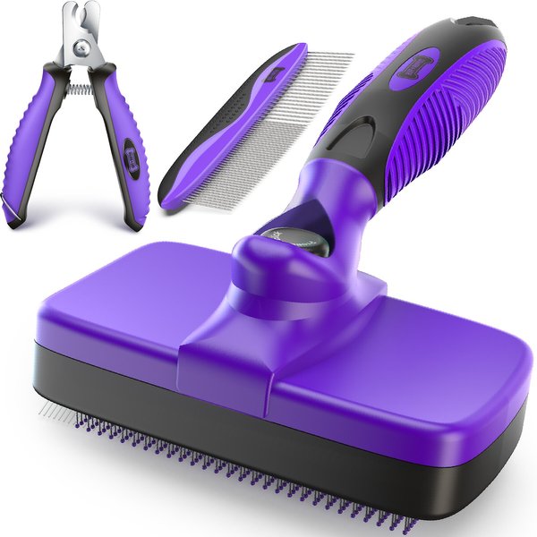 Ruff 'N Ruffus Upgraded Self-Cleaning Pet Slicker Brush & Nail Clippers, Purple slide 1 of 9