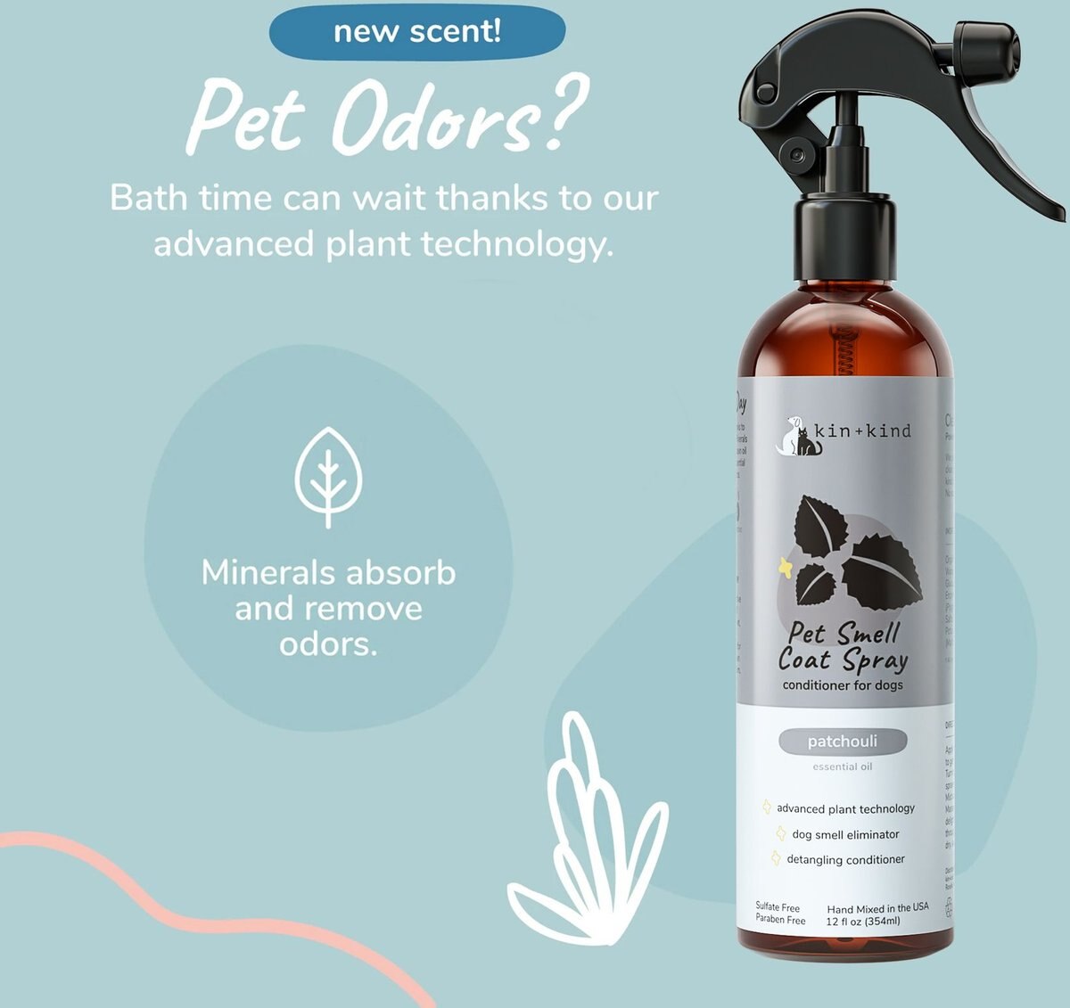 KIN+KIND Patchouli Natural Pet Smell Coat Dog Spray, 12oz bottle