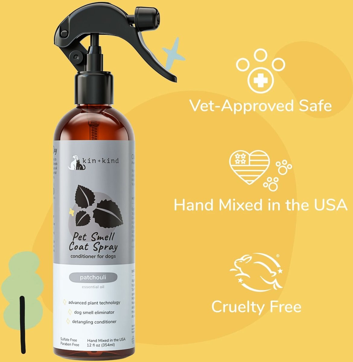 KIN+KIND Patchouli Natural Pet Smell Coat Dog Spray, 12oz bottle