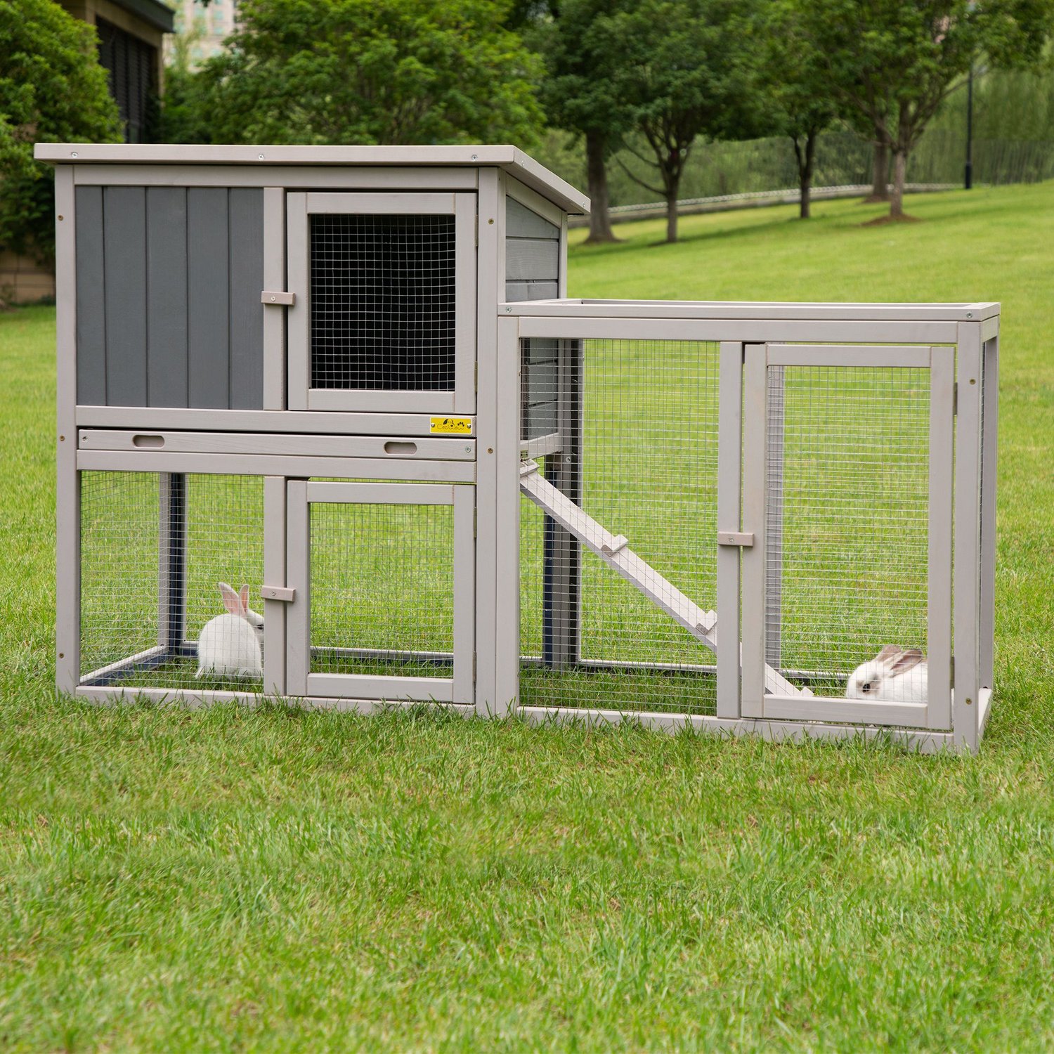 Grey JAXPETY Bunny Hutch Tortoise House Wooden Guinea Pig Habitat with Enclosure for Small Animals Indoor & Outdoor 