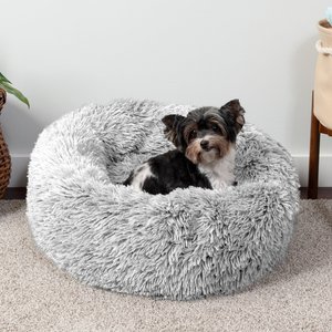 FurHaven Calming Cuddler Long Fur Donut Bolster Dog Bed, Mist Gray, Small