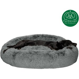 FurHaven Calming Cuddler Long Fur Donut Bolster Dog Bed, Gray, Jumbo