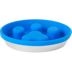Frisco Paw Design Silicone Stainless Steel Slow Feeder Dog & Cat Bowl, Blue, 2 Cup