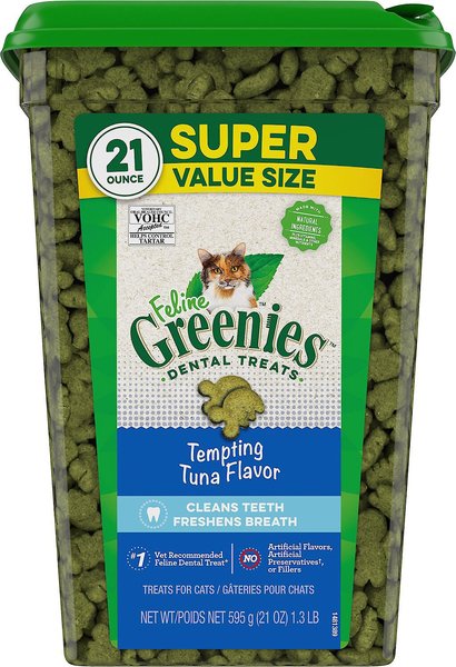 Greenies Feline Tempting Tuna Flavor Adult Dental Cat Treats, 21-oz tub, bundle of 2 slide 1 of 10