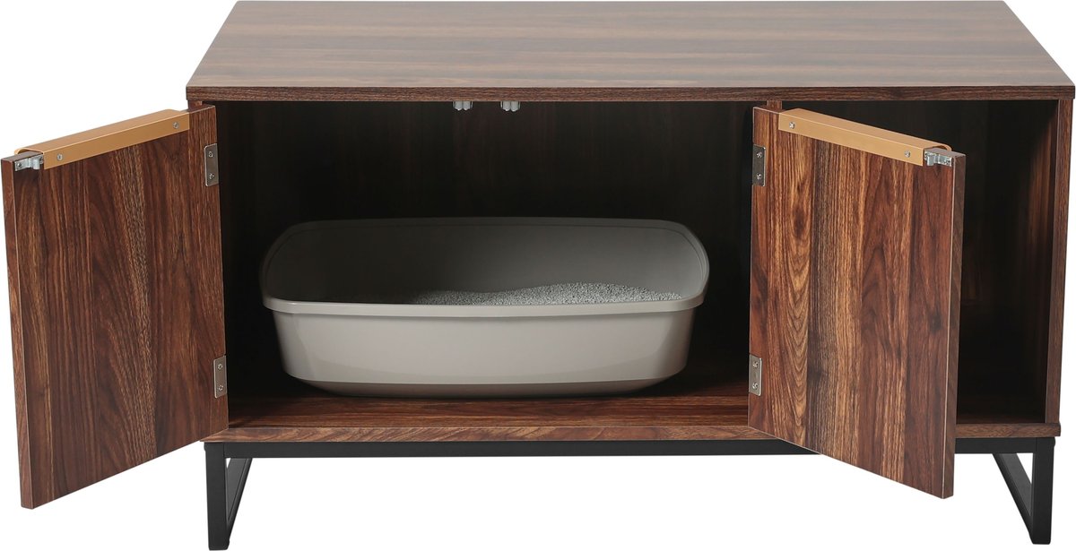 FRISCO Walkway Entrance Two Door Bench Cat Litter Box Cover, Walnut