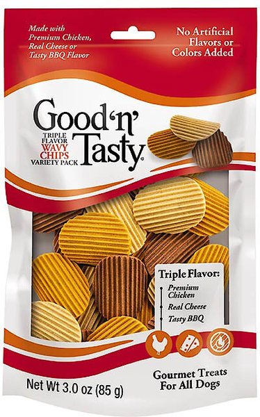 Good 'n' Tasty Triple Flavor Wavy Chips Variety Pack Dog Treats, 3-oz bag slide 1 of 9