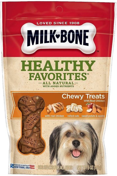 Milk-Bone Healthy Favorites with Chicken, Oats, Sweet Potatoes & Apples Chewy Dog Treats, 5-oz bag, bundle of 2 slide 1 of 4