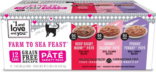 I and Love and You Variety Pack Wholly Cow!, Savory Salmon and Purrky Turkey Pate Canned Cat Food, 3-oz, case of 12, bundle of 2 slide 1 of 10