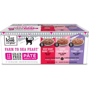 I and Love and You Variety Pack Wholly Cow!, Savory Salmon and Purrky Turkey Pate Canned Cat Food, 3-oz, case of 24