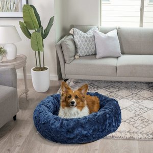 Best Friends by Sheri Calming Lux Fur Donut Cuddler Bolster Cat & Dog Bed, Navy, Medium