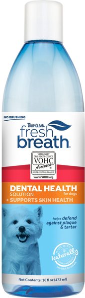 TropiClean Fresh Breath Dental Health Solution + Skin Health Support Dog Dental Water Additive, 16-oz bottle slide 1 of 9