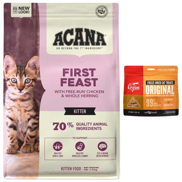 ACANA First Feast Kitten Dry Cat Food + ORIJEN Original Freeze-Dried Treats slide 1 of 9