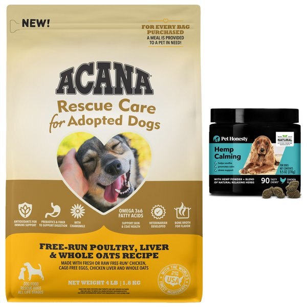 ACANA Rescue Care For Adopted Dogs Poultry Sensitive Digestion Dry Dog Food + PetHonesty Calming Hemp Chicken Flavored Soft Chews Calming Supplement slide 1 of 9