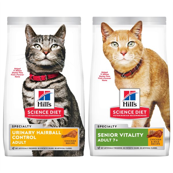 Hill's Science Diet 7+ Senior Vitality Chicken Recipe, 6-lb bag + Urinary Hairball Control Dry Cat Food, 7-lb bag slide 1 of 9