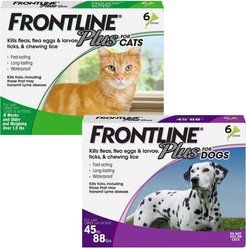 Frontline Plus Flea & Tick Spot Treatment for Cats, over 1.5 lbs, 6 Doses + Spot Treatment for Large Dogs, 45-88 lbs, 6 Doses