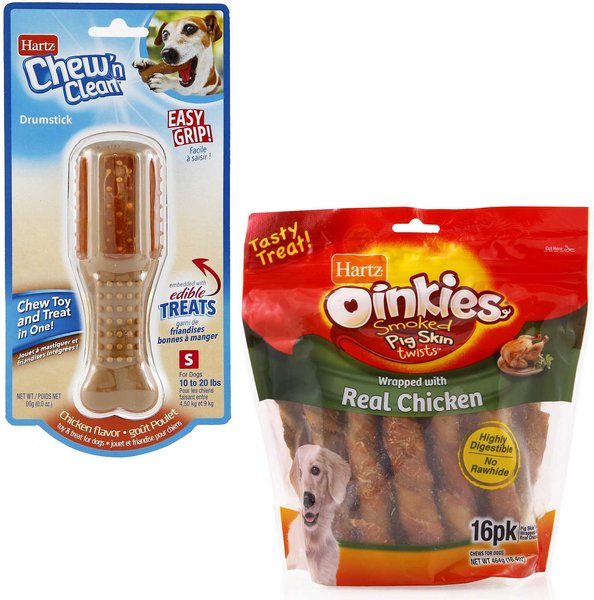 Hartz Chew 'n Clean Chicken Flavored Drumstick Treat & Chew Toy + Oinkies Smoked Pig Skin Twist Wrapped with Real Chicken Dog Treats slide 1 of 9