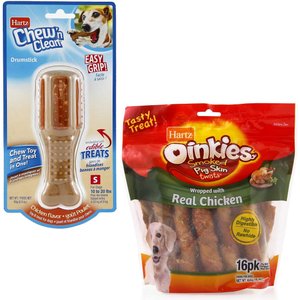 Hartz Chew 'n Clean Chicken Flavored Drumstick Treat & Chew Toy + Oinkies Smoked Pig Skin Twist Wrapped with Real Chicken Dog Treats