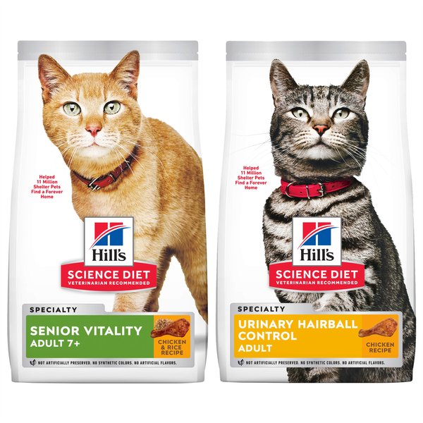 Hill's Science Diet 7+ Senior Vitality Chicken Recipe, 13-lb bag + Urinary Hairball Control Dry Cat Food, 15.5-lb bag slide 1 of 9
