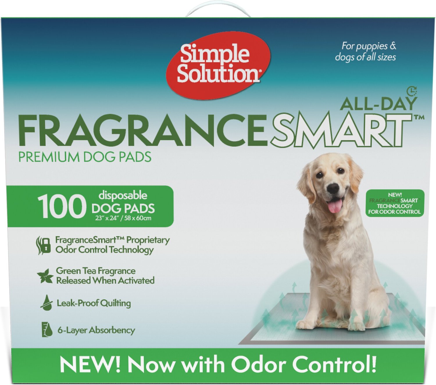 Simple Solution FragranceSmart Odor Control All Day, Green Tea Fragrance Odor Neutralizer with Wetness Indicator Dog Pads, 100 count