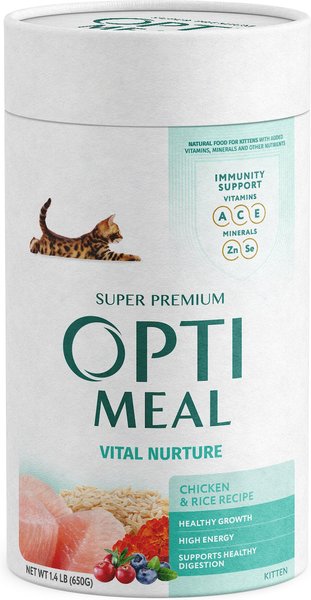 Optimeal Vital Nurture Kitten Chicken & Rice Recipe Dry Cat Food, 1.4-lb carton tube, case of 2 slide 1 of 3
