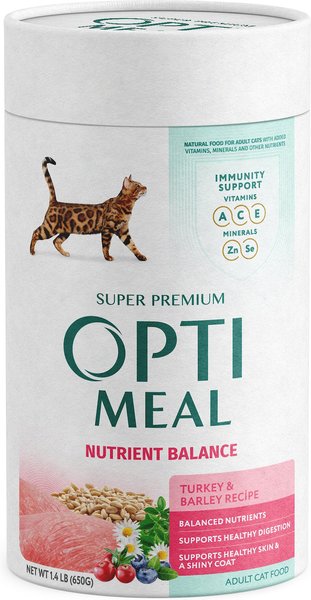 Optimeal Nutrient Balance Turkey & Barley Recipe Adult Dry Cat Food, 1.4-lb carton tube, case of 2 slide 1 of 3