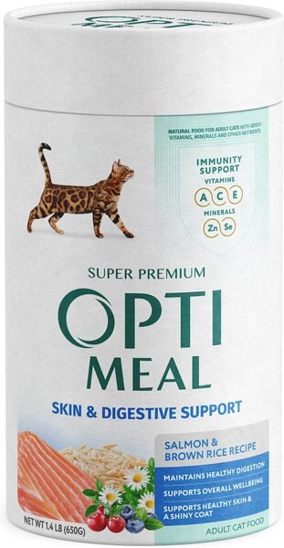 Optimeal Skin & Digestive Support Salmon & Brown Rice Recipe Dry Cat Food, 1.4-lb carton tube, case of 2 slide 1 of 3