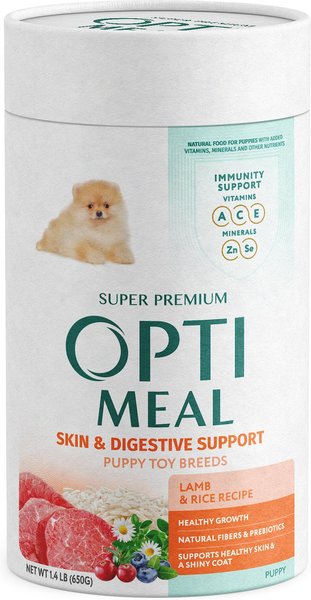 Optimeal Puppy Skin & Digestive Support Lamb & Rice Recipe Toy Breed Dry Dog Food, 1.4-lb carton tube, case of 2 slide 1 of 3
