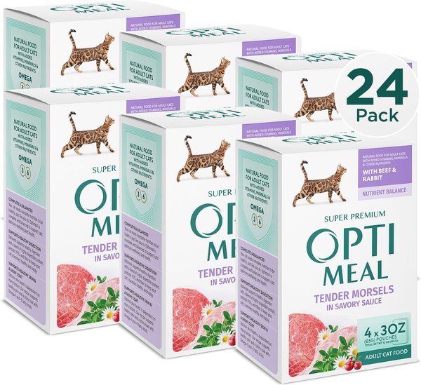 Optimeal Tender Morsels with Beef & Rabbit In Savory Sauce Recipe Wet Cat Food, 3-oz pouch, case of 24 slide 1 of 3